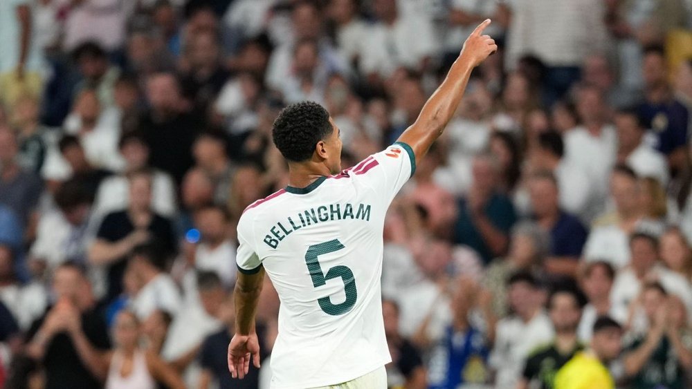 Jude Bellingham celebrates a goal during Real Madrid v Rayo Vallecano on matchday 5 of the 2026-27 Primera Division season. EFE/Borja Sanchez-Trillo