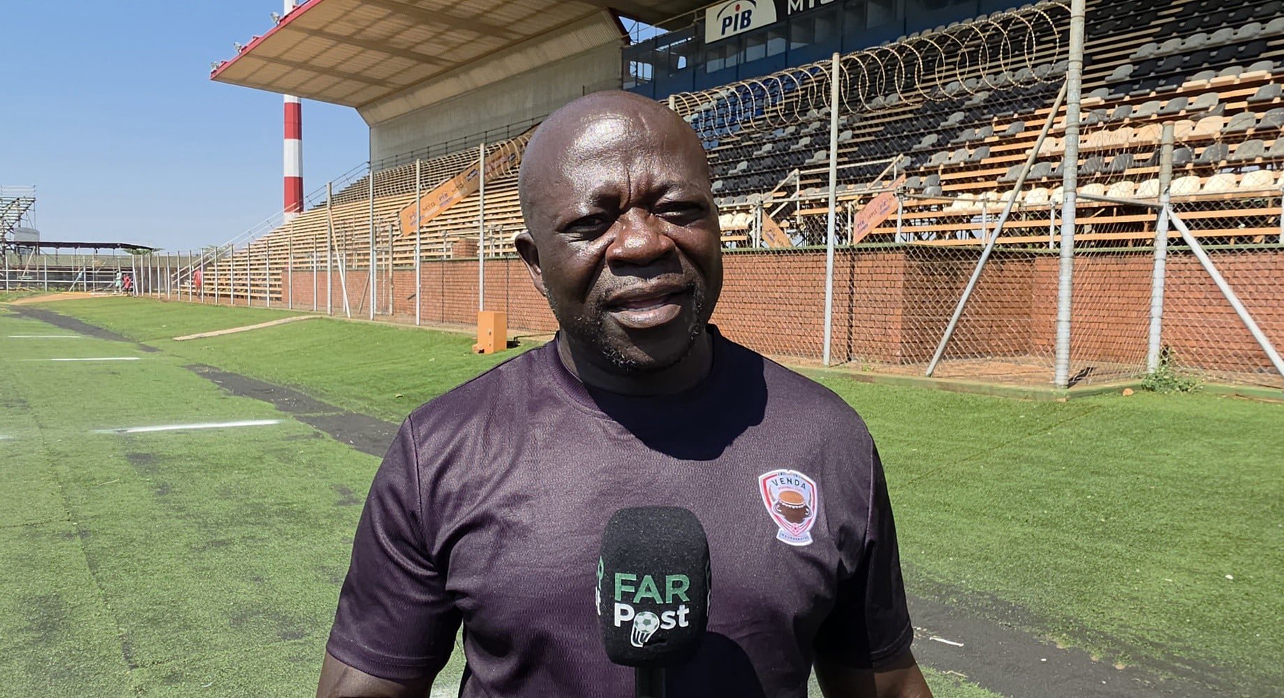 Kaitano Tembo doing an interview with FARPost at the Thohoyandou Stadium.