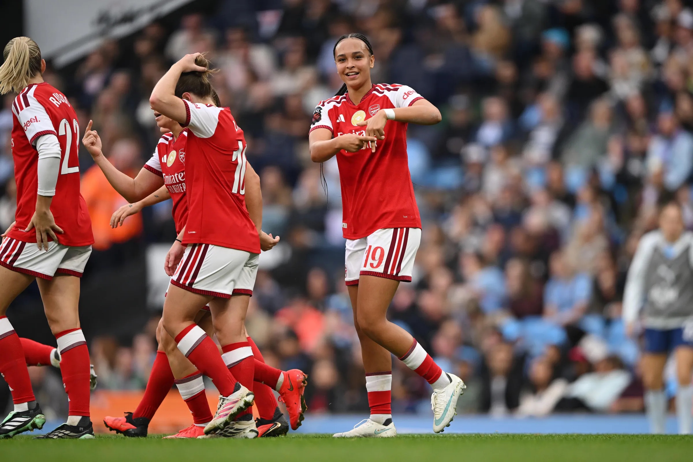 MANCHESTER, ENGLAND - OCTOBER 04: Lisa Baum of Arsenal celebrates after scoring her team’s first goal during the Barclays Women’s Super League 2026/27 match between Manchester City and Arsenal FC at Etihad Stadium on October 04, 2026 in Manchester, England. (Photo by Alex Burstow/Arsenal FC via Getty Images)