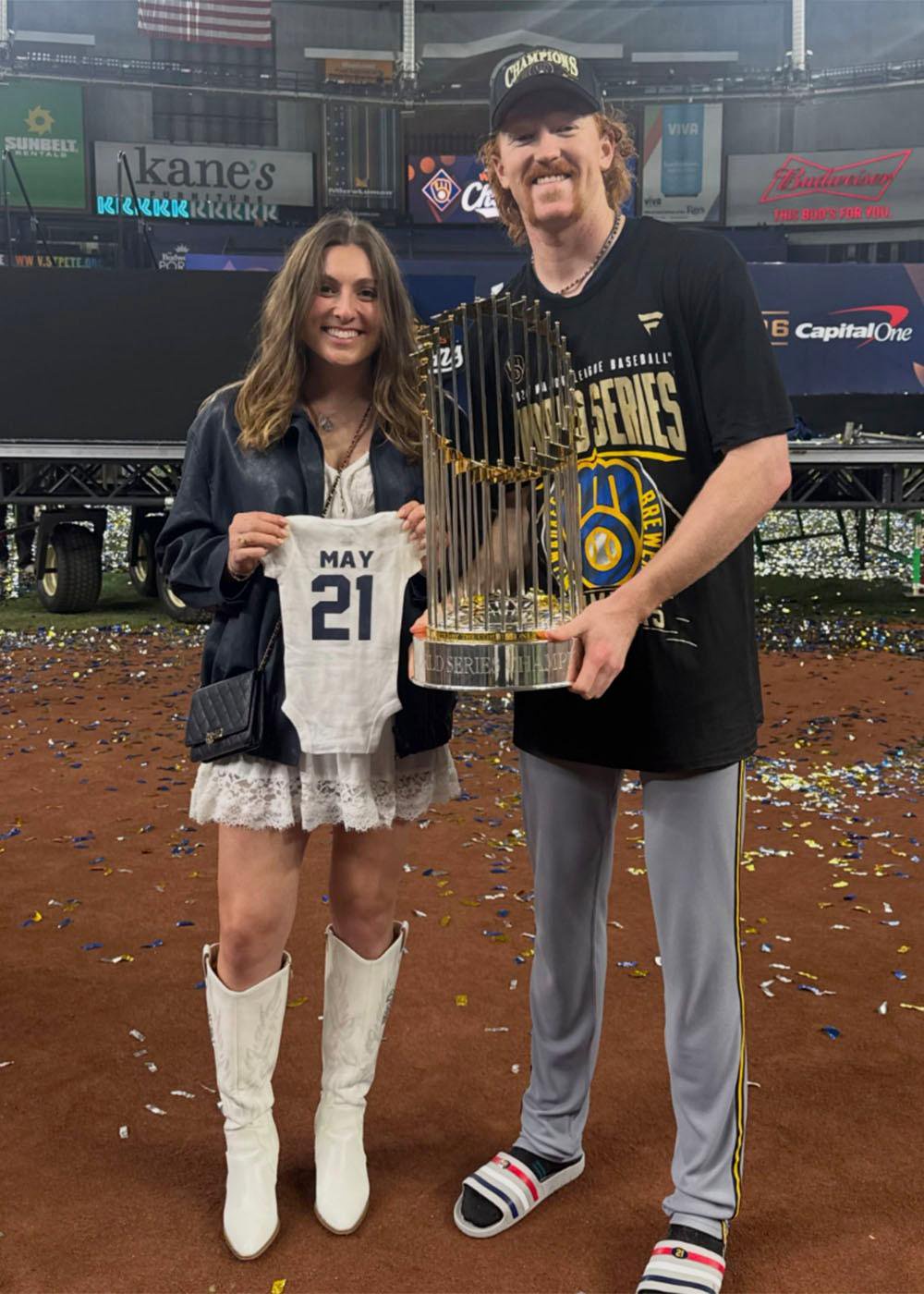 Brewers pitcher and reliever Dustin May and his wife Amelia May announced they're expecting a baby  after Milwaukee's 4-1 win over the Tampa Bay Rays in Game 5 to win the 2026 World Series on Wednesday, October 28, 2026. 