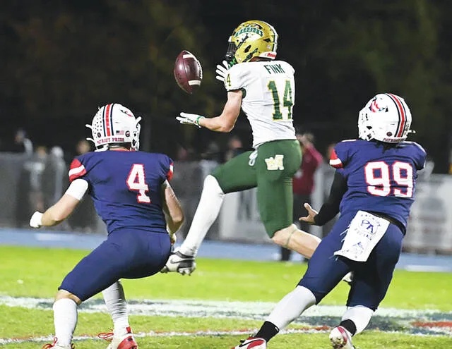 <p>Wyoming Area capitalized on a key turnover when the Warriors’ Maddox Fink (14) intercepted a Pittston Area pass.</p>
                                 <p>Tony Callaio | For Times Leader</p>