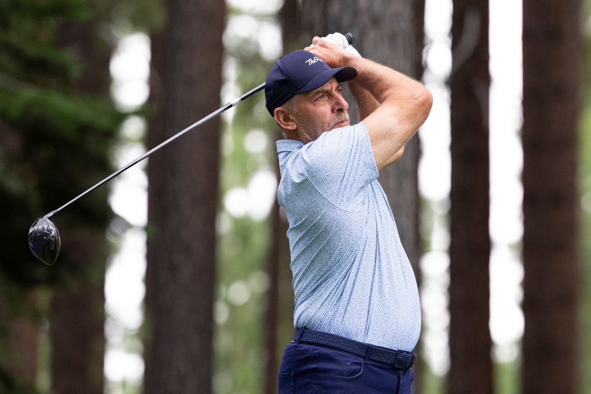 John Smoltz, Baseball Hall of Fame pitcher, tees off on the fourth hole during the final round of the American Century Championship 2026 at Edgewood Tahoe Golf Course on July 12, 2026 in Stateline, Nevada