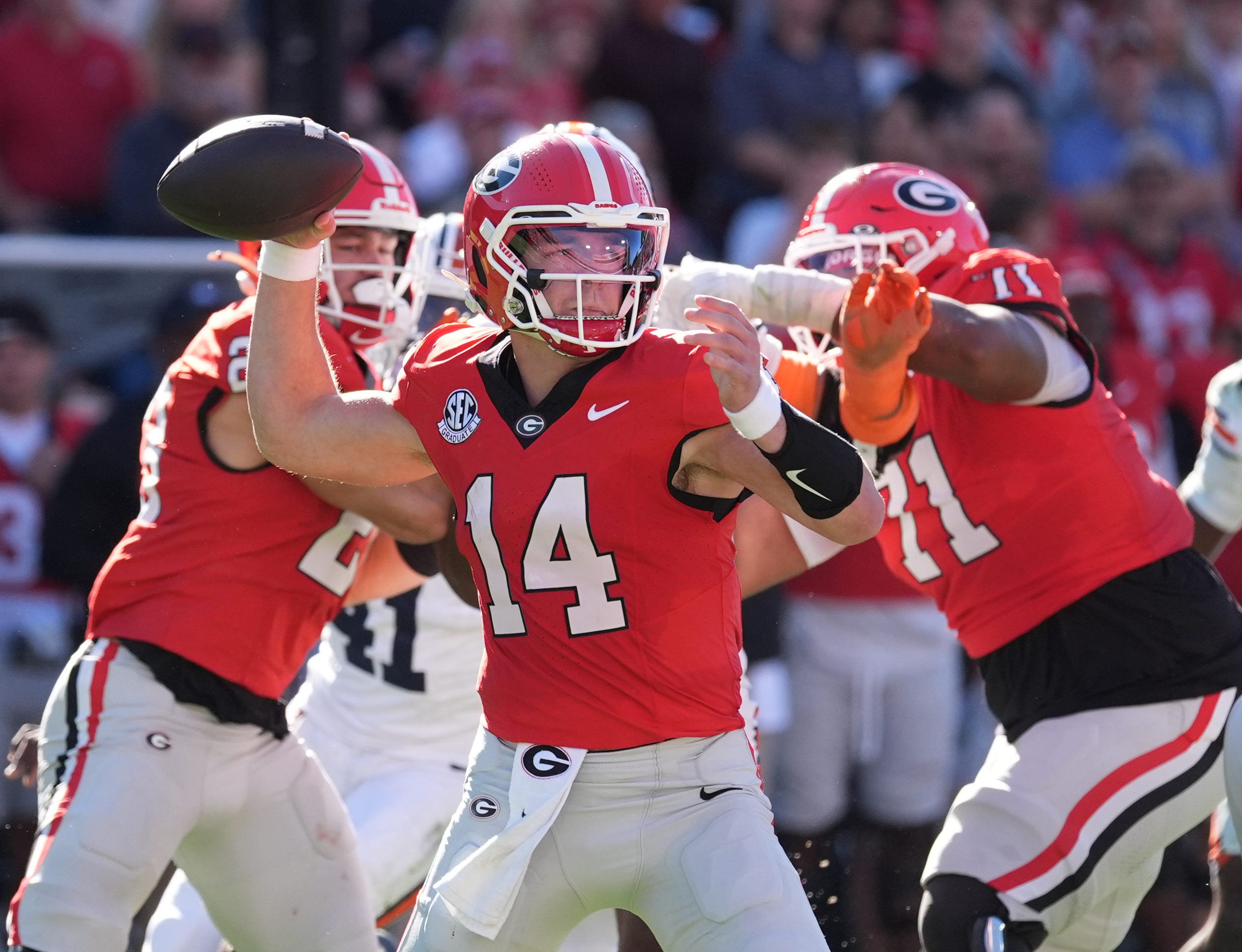 Oct 17, 2026; Athens, Georgia, USA;  Georgia quarterback Gunner Stockton (14) looks to throw downfield during the first quarter against Auburn at Sanford Stadium.  Mandatory Credit: Dale Zanine-Imagn Images