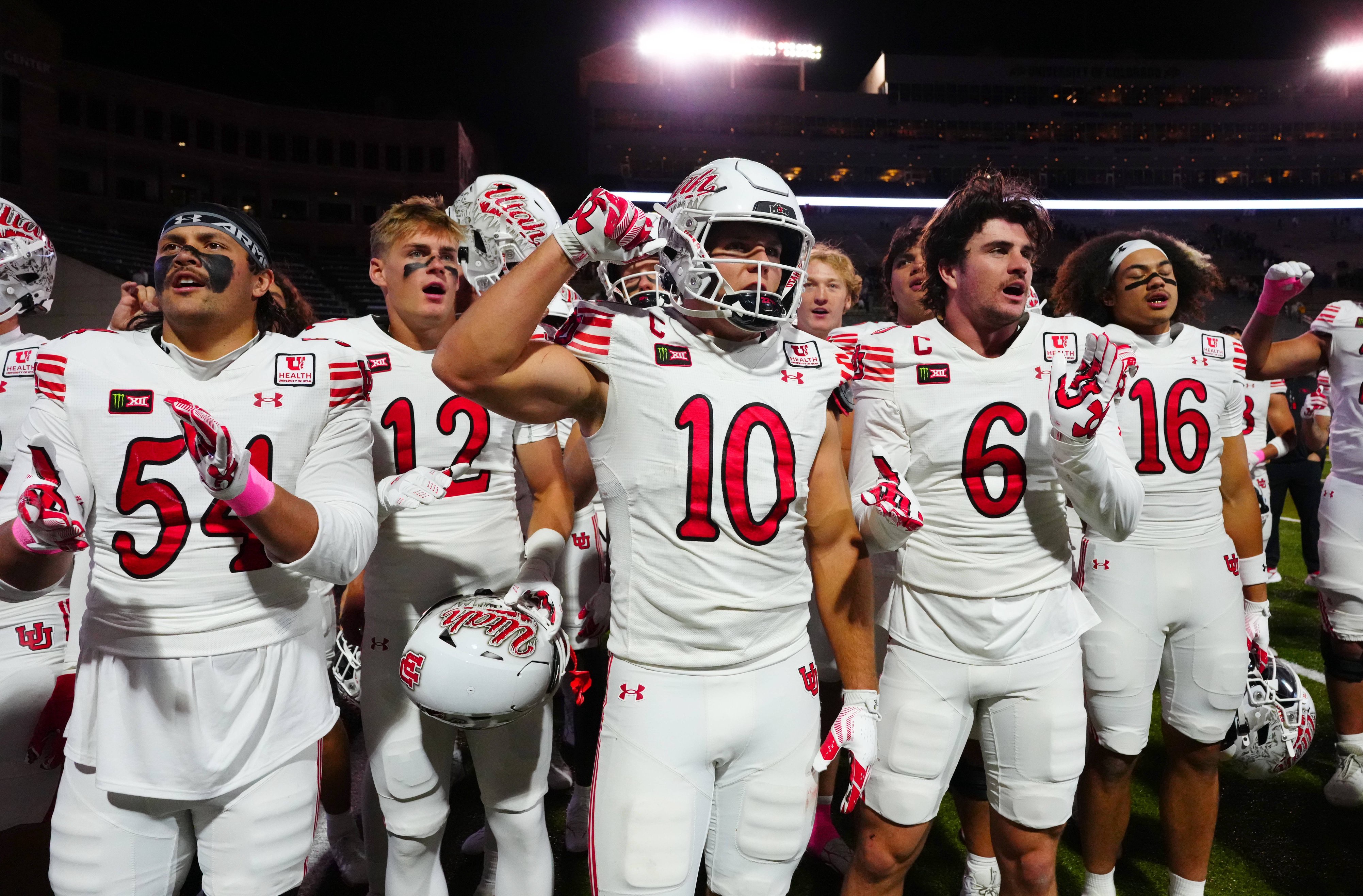Oct 17, 2026; Boulder, Colorado, USA;  Members of the Utah Utes celebrate defeating the Colorado Buffaloes at Folsom Field.  Mandatory Credit: Ron Chenoy-Imagn Images