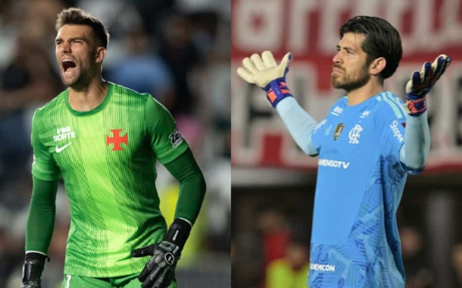 Léo Jardim (esquerda, uniforme verde) e Rossi (direita, uniforme azul) goleiros em jogo.