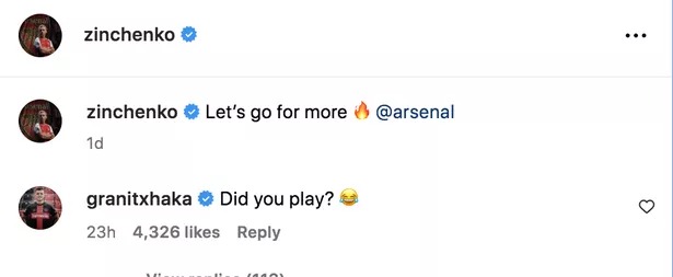 Granit Xhaka comments on Oleksandr Zinchenko's Instagram, saying: "Did you play? (Laughing emoji)."