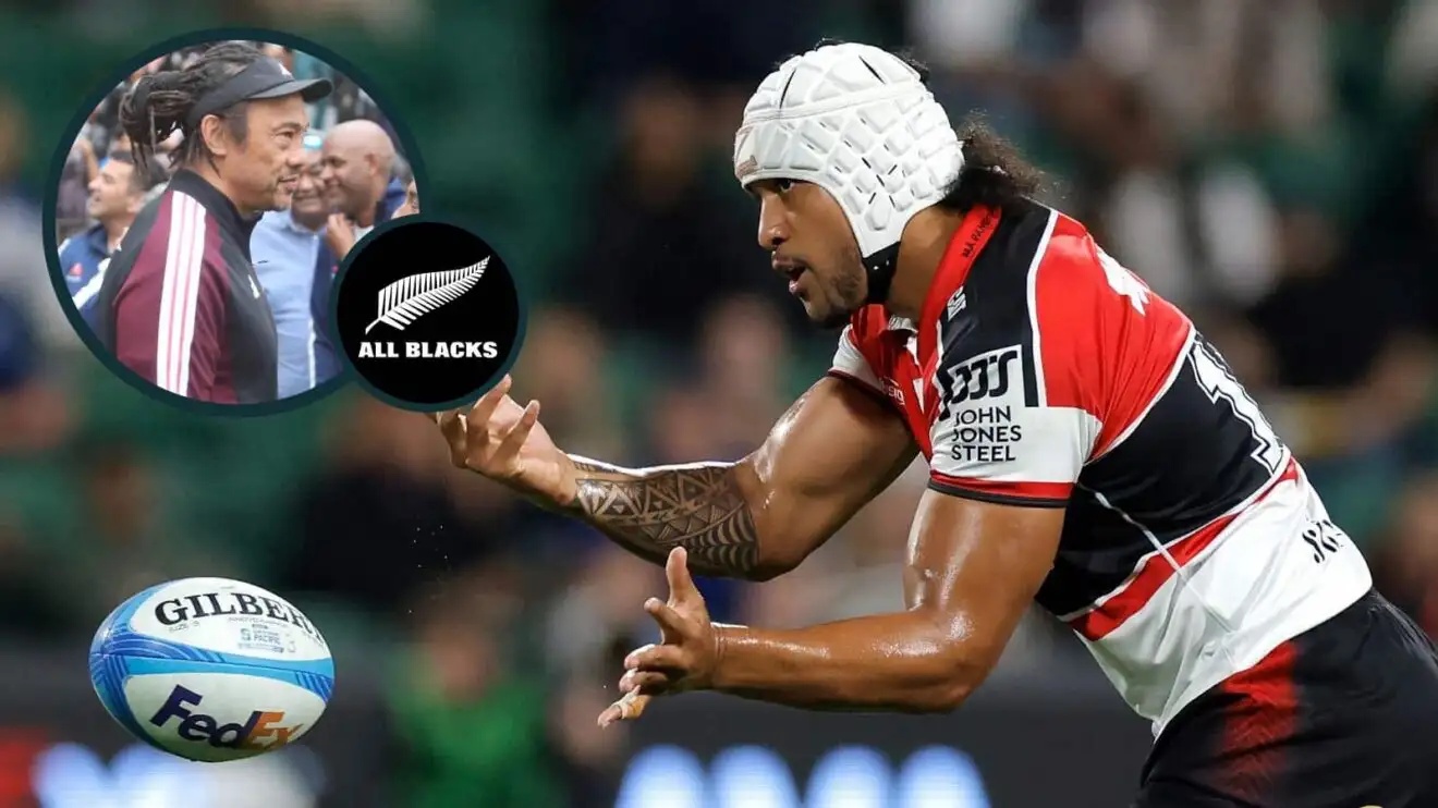 Leicester Fainga'anuku in action for the Crusaders and All Blacks coach Tana Umaga (inset).