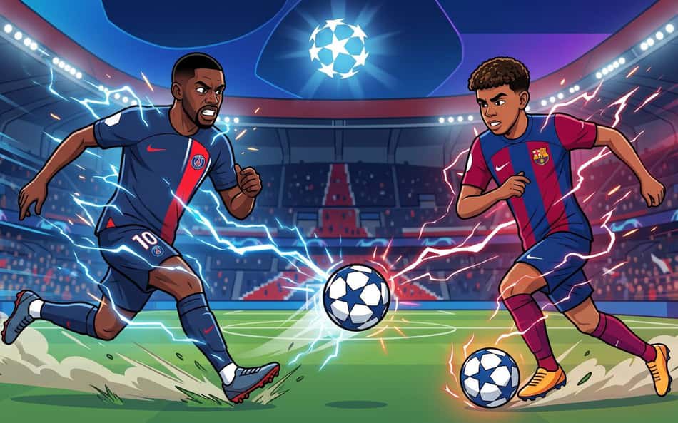 Ilustração de Dembele e Yamal com bolas em jogo pel Champions