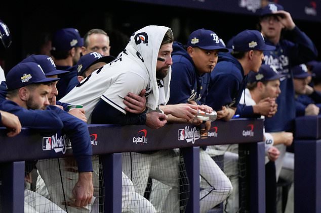 The Tampa Bay Rays watch during the ninth inning of Game 5 of baseball's World Series, Wednesday, Oct. 28, 2026, in St. Petersburg, Fla., between the Milwaukee Brewers and the Tampa Bay Rays. (AP Photo/Ashley Landis)