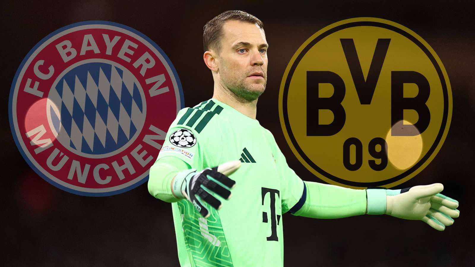 Bayern-Torwart Manuel Neuer und die Wappen von FCB und BVB