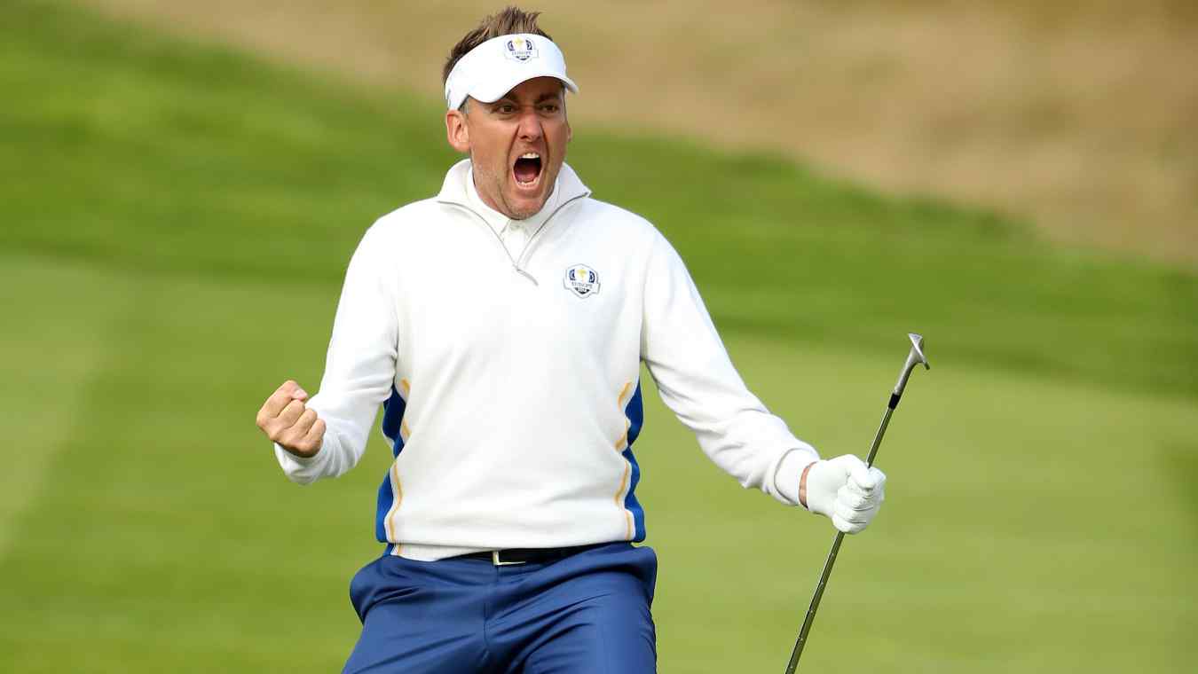 Ian Poulter celebrates during the 2014 Ryder Cup at Gleneagles in Scotland.