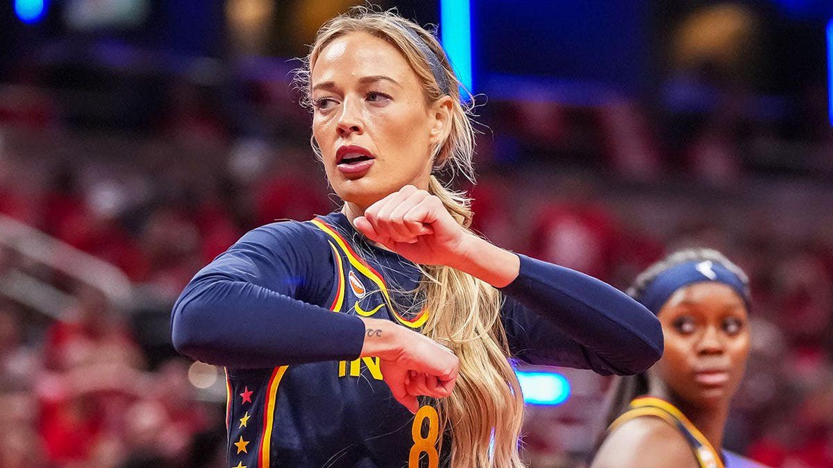 Sophie Cunningham reacts to a referee call during an Indiana Fever WNBA playoff game.