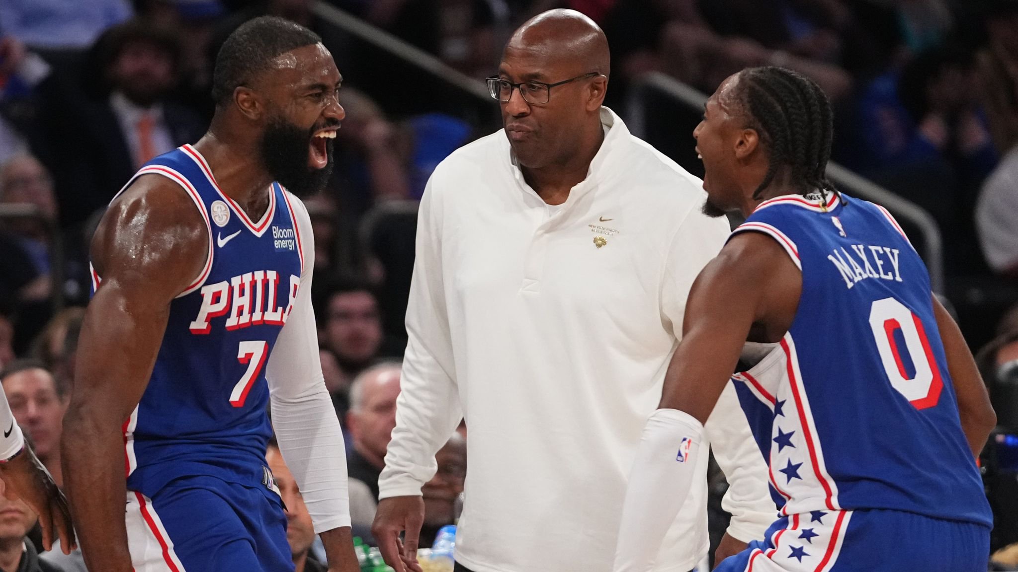 Philadelphia 76ers guard Jaylen Brown, left, celebrates a three-point basket with teammate guard Tyrese Maxey 