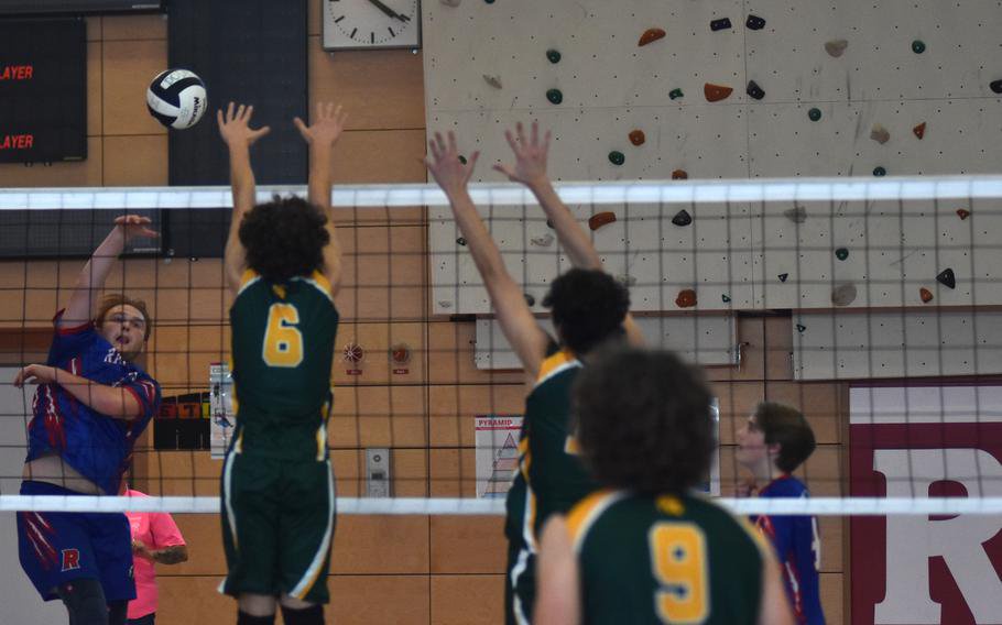 Arnold Reed goes up against a shot for Ramstein High School in semifinal play against SHAPE on Friday, Oct. 30, 2026. SHAPE advanced to the 2026 DODEA European boys’ Division I volleyball match on Saturday to face Stuttgart.