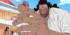 Blackbeard Points as He Meets the Straw Hat Pirates on Jaya island in One Piece
