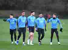 (L-R) Gabriel Martinelli, Gabriel, Declan Rice, Gabriel Jesus and Jorginho of Arsenal during a training session at London Colney on December 30, 20...