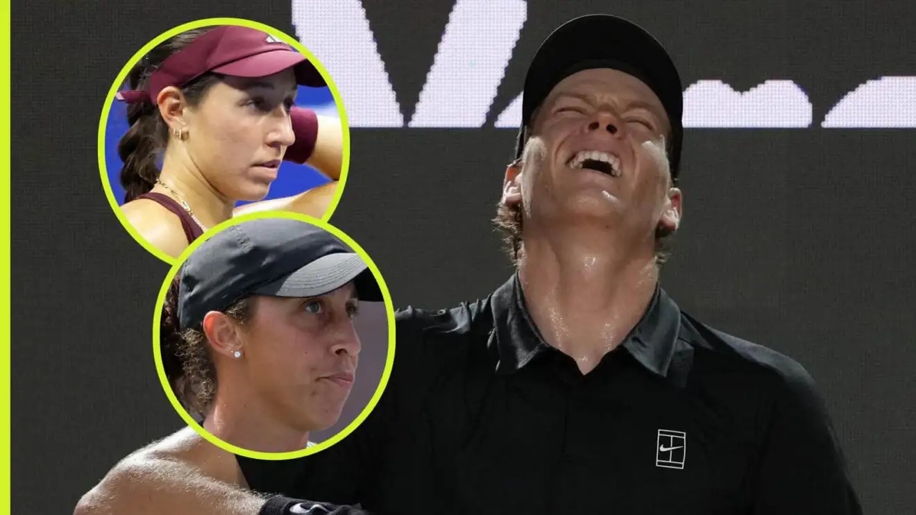 Pictured: Jannik Sinner grimaces, with Jessica Pegula and Madison Keys (inset)