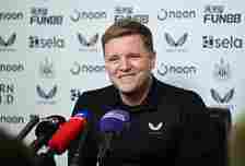 Newcastle United Head Coach Eddie Howe during the Newcastle United Press Conference at the Newcastle United Training Centre on April 12, 2024 in Ne...