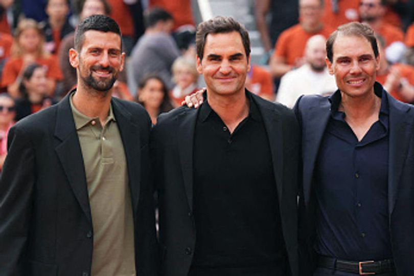 Serbia's Novak Djokovic (L), former Swiss tennis player Roger Federer (2nd-L) and Britain's tennis coach Andy Murray (R) pose with former Spanish player Rafael Nadal (2nd-R)