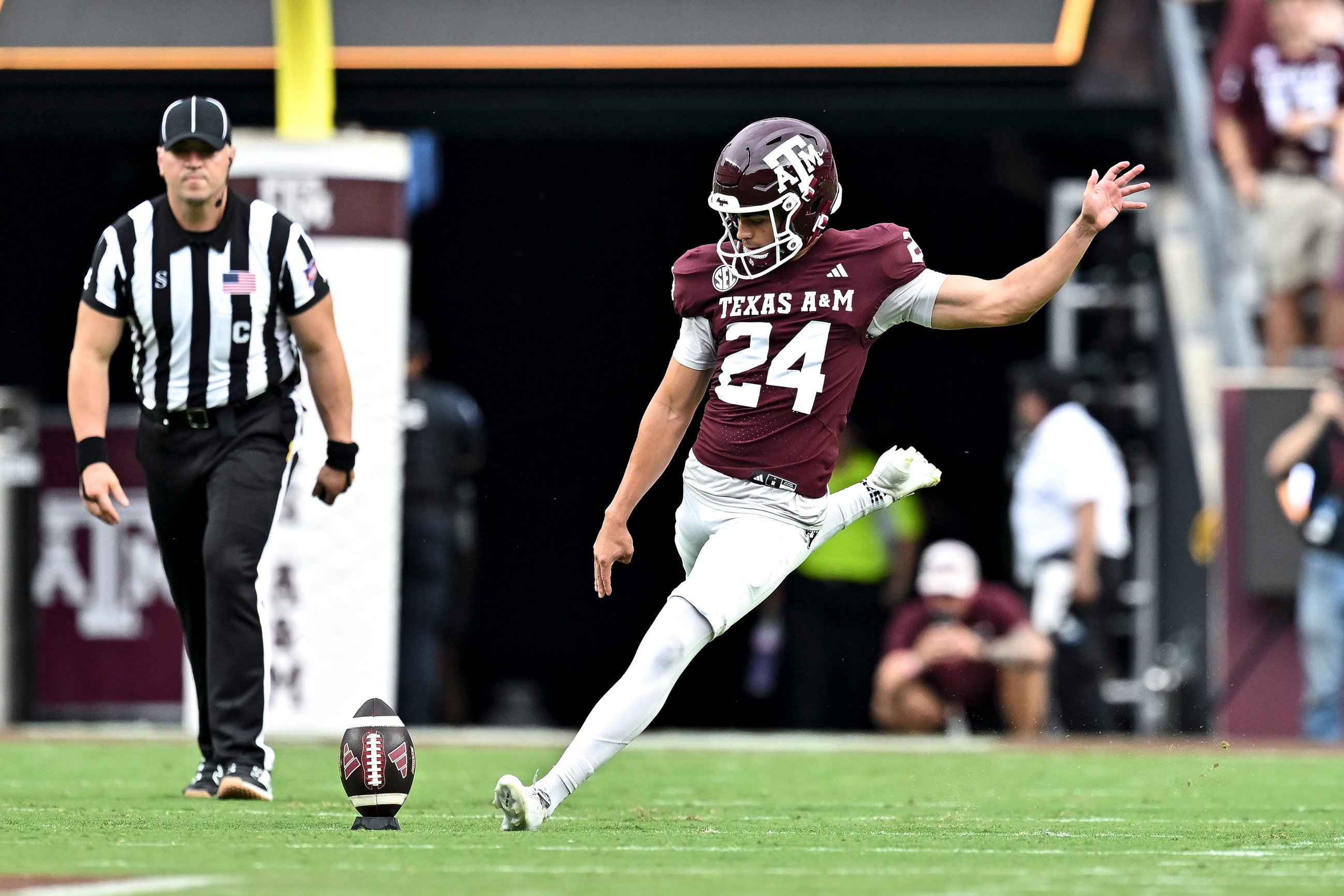 Sep 5, 2026; College Station, Texas, USA; Texas A&amp;M Aggies place kicker David Olano (24) kicks the ball during the first quarter against the Missouri State Bears at Kyle Field. Mandatory Credit: Maria Lysaker-Imagn Images