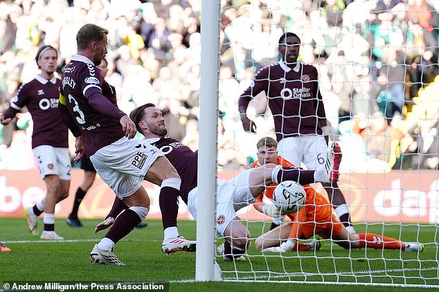 Hearts defender Jamie McCart puts through his own net in the 7-1 defeat to Celtic