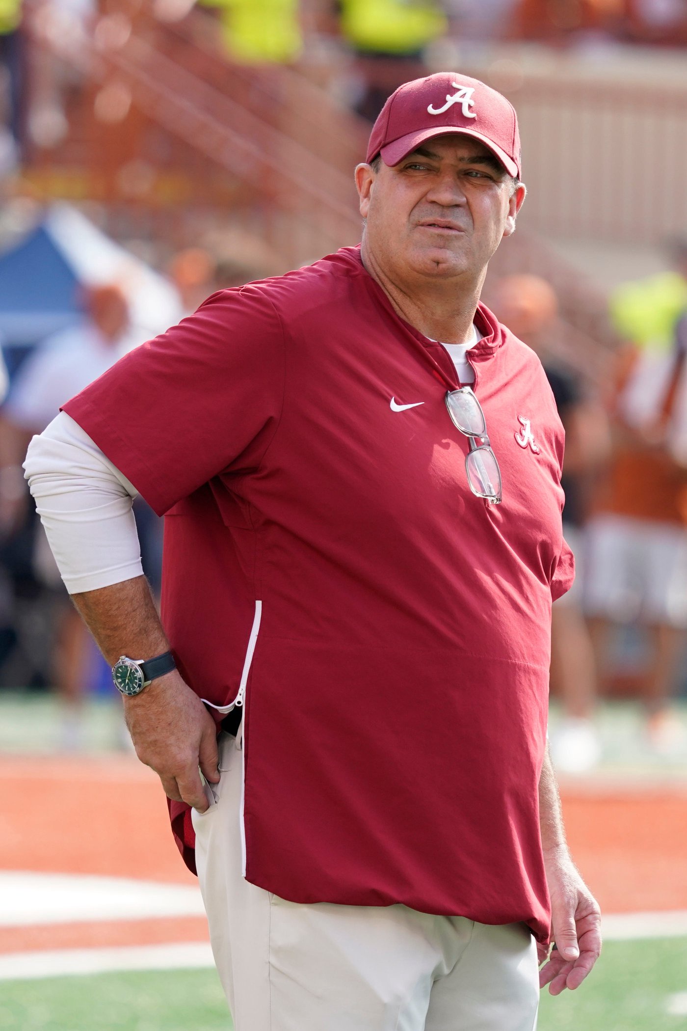 Sep 10, 2022; Austin, Texas, USA; Alabama Crimson Tide offensive coordinator and quarterbacks coach Bill O'Brien before the game against the Texas Longhorns during the first half at at Darrell K Royal-Texas Memorial Stadium. Mandatory Credit: Scott Wachter-USA TODAY Sports