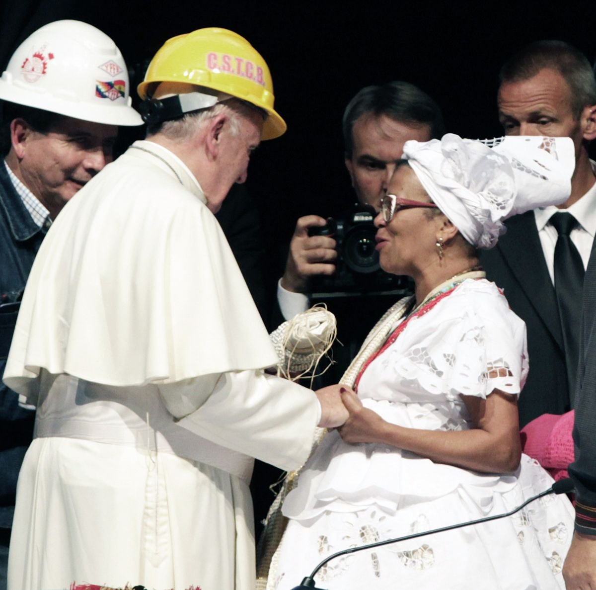 Indigenous representatives greet Pope Francis in Santa Cruz, Bolivia, in July 2015