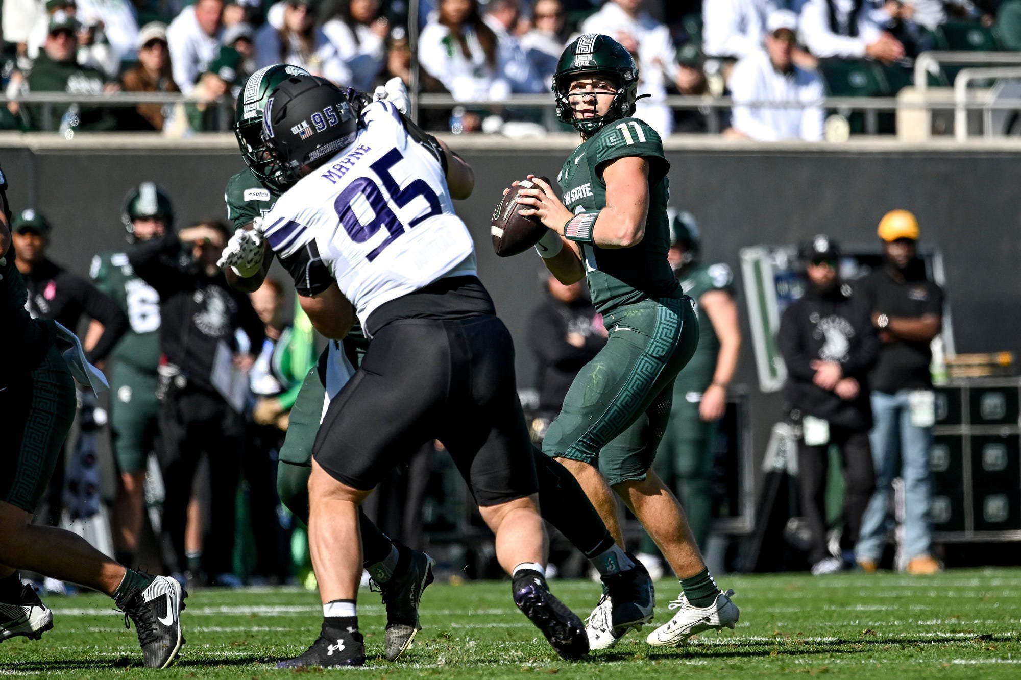 Michigan State’s Alessio Milivojevic looks to throw against Northwestern during the second quarter on Saturday, Oct. 17, 2026, at Spartan Stadium in East Lansing.