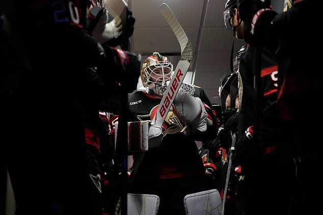 Ottawa Senators' Linus Ullmark walks to the ice before an NHL hockey game against the Philadelphia Flyers Saturday, Oct. 17, 2026, in Philadelphia. (AP Photo/Matt Slocum)