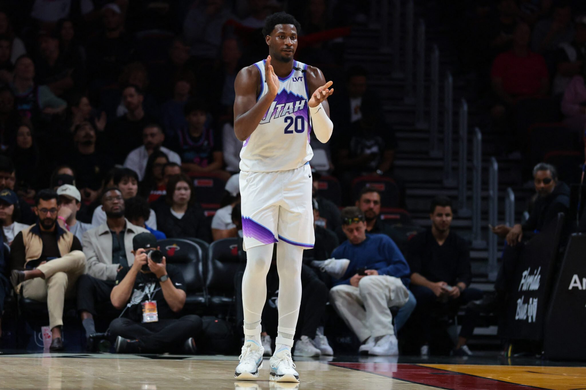 Utah Jazz forward Jaren Jackson Jr. (20) reacts against the Miami Heat during the first quarter at Kaseya Center.
