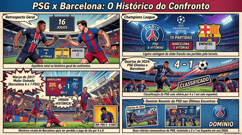 Quadrinho com histórico de confronto entre PSG e Barcelona