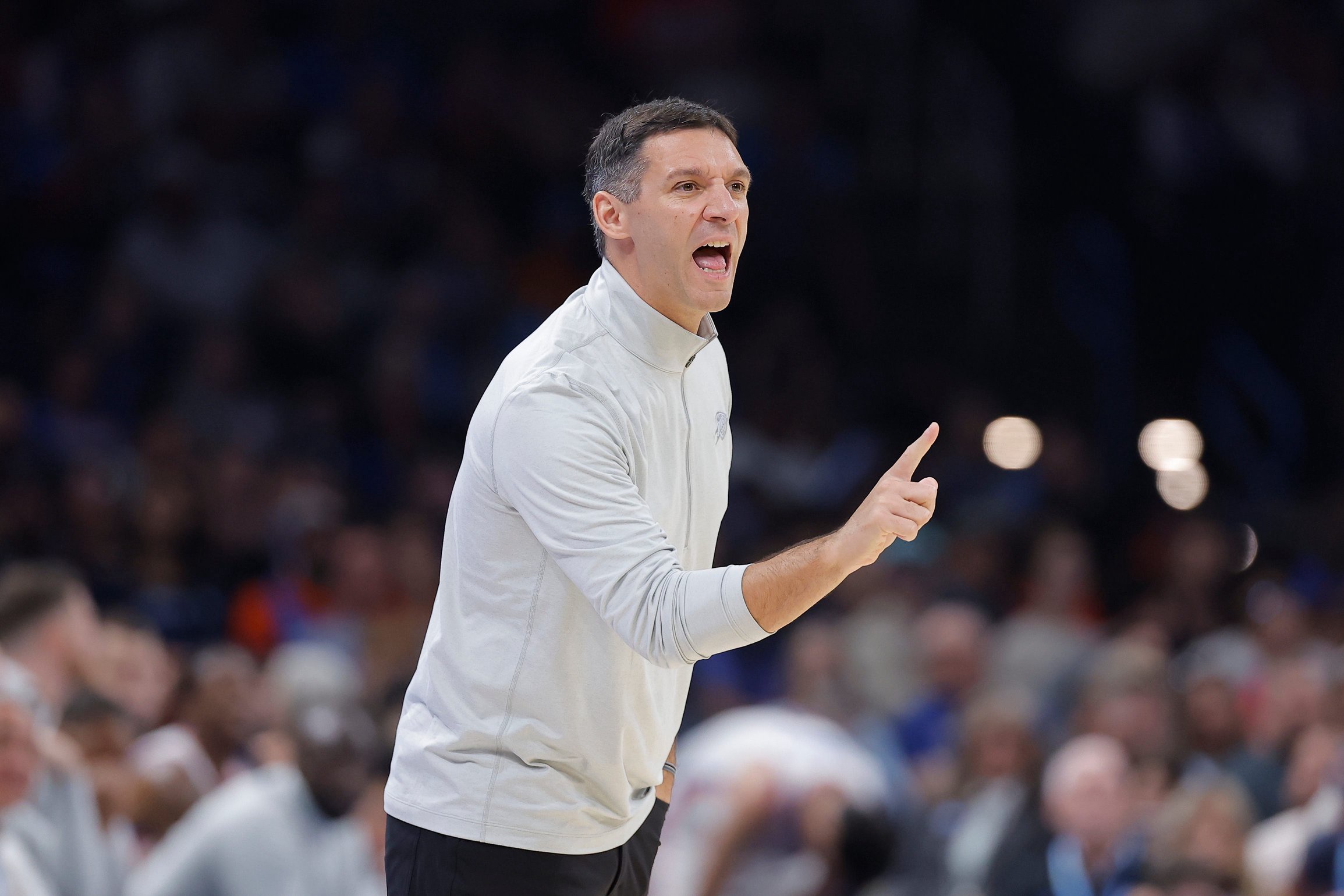 Oct 25, 2026; Oklahoma City, Oklahoma, USA; Oklahoma City Thunder head coach Mark Daigneault gestures to his team as they play against the Los Angeles Clippers during the second half at Paycom Center. Mandatory Credit: Alonzo Adams-Imagn Images