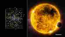 Habitable exoplanets: Cluster of many various colored dots in a graph on left and large bright star with planet close by on right.