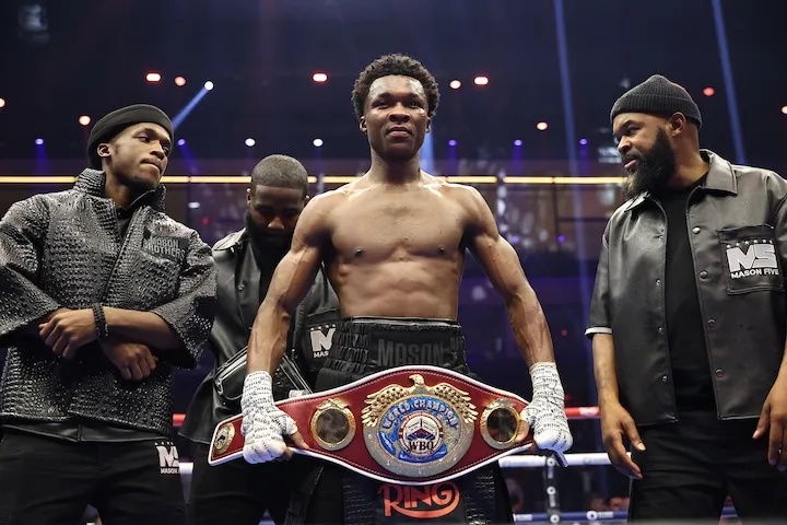 Abdullah Mason celebrates after defeating Sam Noakes for the WBO lightweight title on November 22, 2025.
