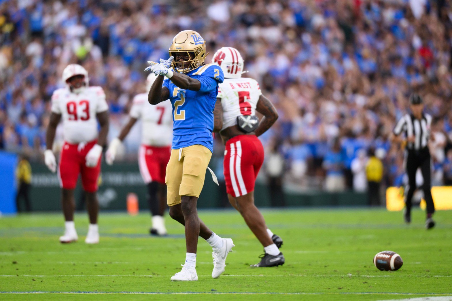 UCLA wide receiver Brian Rowe Jr. celebrates his reception during the first half of an NCAA college football game against Wisconsin Saturday, Oct. 17, 2026, in Pasadena. (AP Photo/Kyusung Gong)

