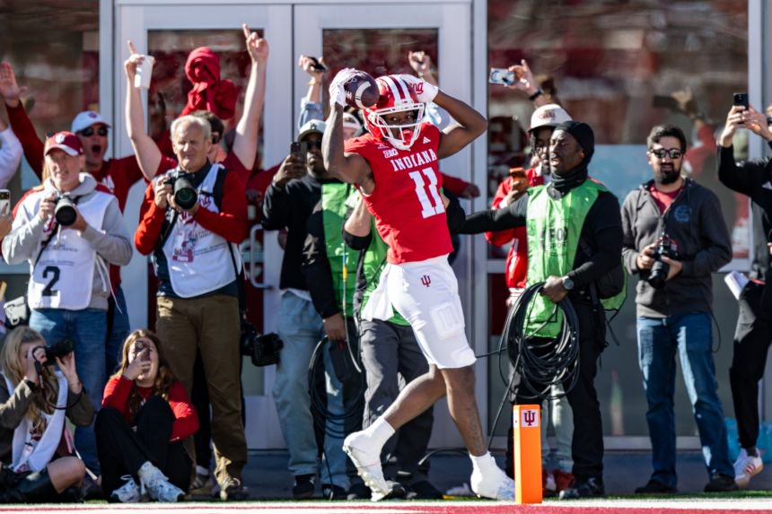 Indiana wide receiver Nick Marsh reacts after realizing he stepped out-of-bounds before completing a catch in the end zone late in the second half on Saturday against Ohio State.
