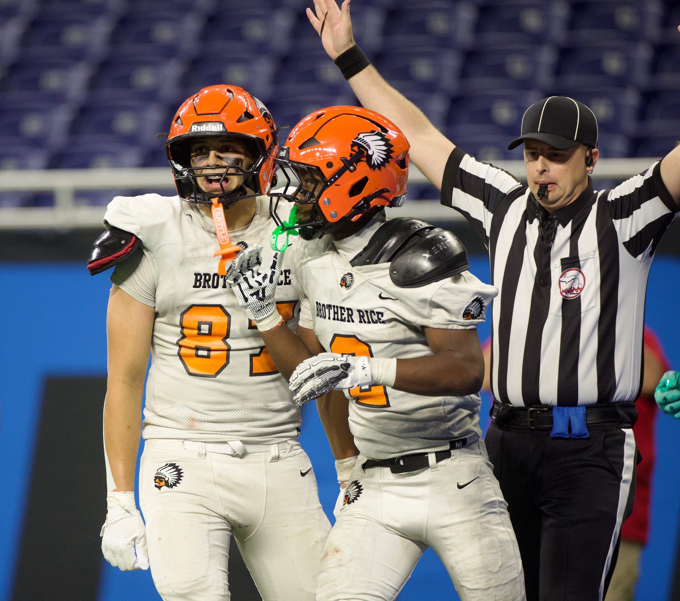 Brother Rice’s Maximus Giglio and Christian Marshall celebrate a big play during the Prep Bowl football game on Saturday, Oct. 24, 2026, at Ford Field.
