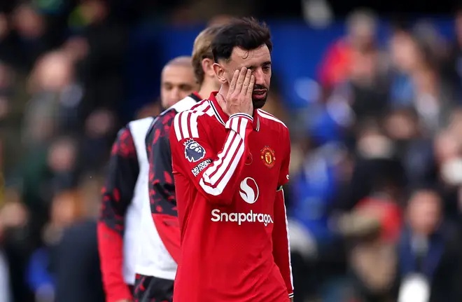 Bruno Fernandes of Manchester United reacts after the Premier League 2026/27 match between Chelsea FC and Manchester United