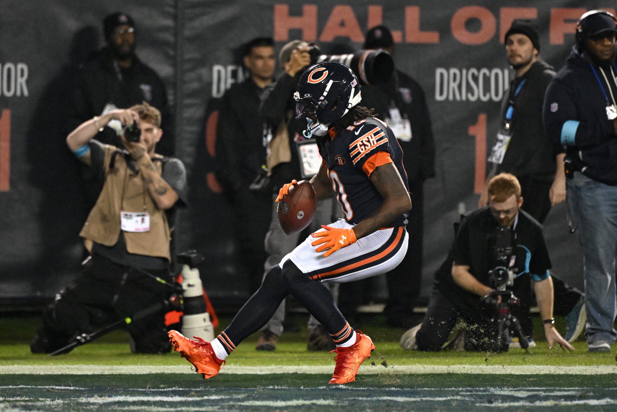 Oct 22, 2026; Chicago, Illinois, USA;  Chicago Bears wide receiver Luther Burden III (10) scores a touchdown against the New England Patriots during the first half at Soldier Field.  Mandatory Credit: Matt Marton-Imagn Images
