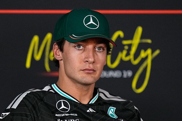 Mercedes driver George Russell of Britain attends a drivers press conference ahead of the Formula One Mexico Grand Prix in Mexico City, Thursday, Oct. 29, 2026. (AP Photo/Fernando Llano)