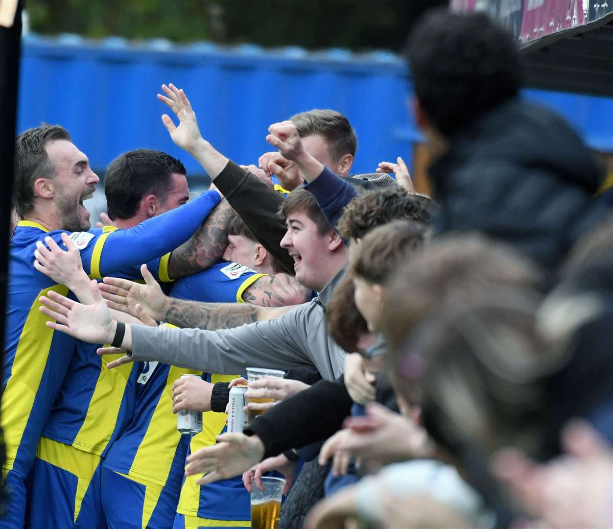 Spalding celebrate their second goal. Photo: Chris Lowndes