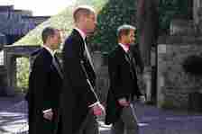 Peter Phillips, Prince William, Duke of Cambridge and Prince Harry, Duke of Sussex during the Ceremonial Procession during the funeral of Prince Philip, Duke of Edinburgh