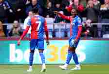 Eberechi Eze of Crystal Palace celebrates scoring his team's second goal with teammate Michael Olise during the Premier League match between Crysta...