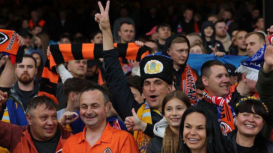 Shakhtar Donetsk supporters, including one in traditional headwear, during the Europa Conference League match against Crystal Palace at Selhurst Park