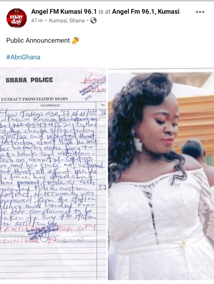 "My wife cannot be found after i sent her to the bank to redraw 9 billion cedis"- Man files police report