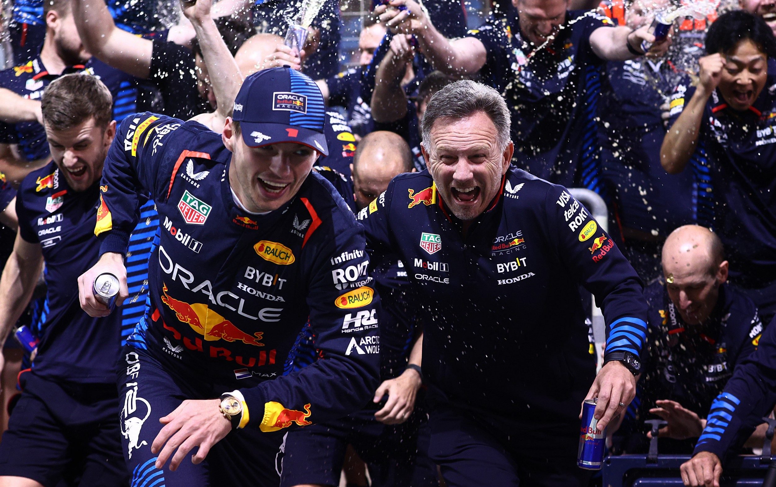 Race winner Max Verstappen and Horner celebrate after the F1 Grand Prix of Bahrain in 2024