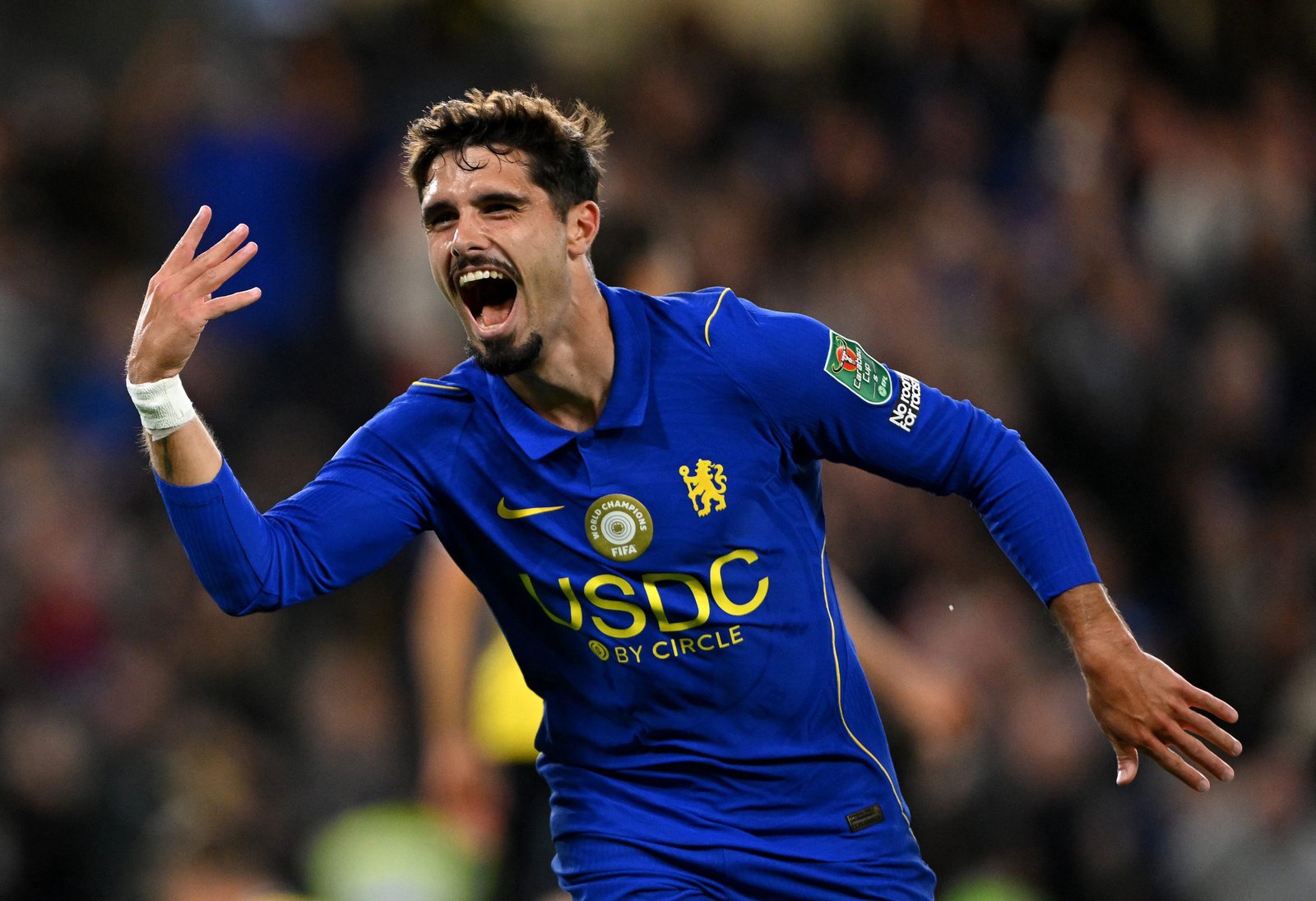 Pedro Neto of Chelsea celebrates scoring his team’s third goal during the Carabao Cup Third Round match between Chelsea and Leeds United at Stamford Bridgeird round