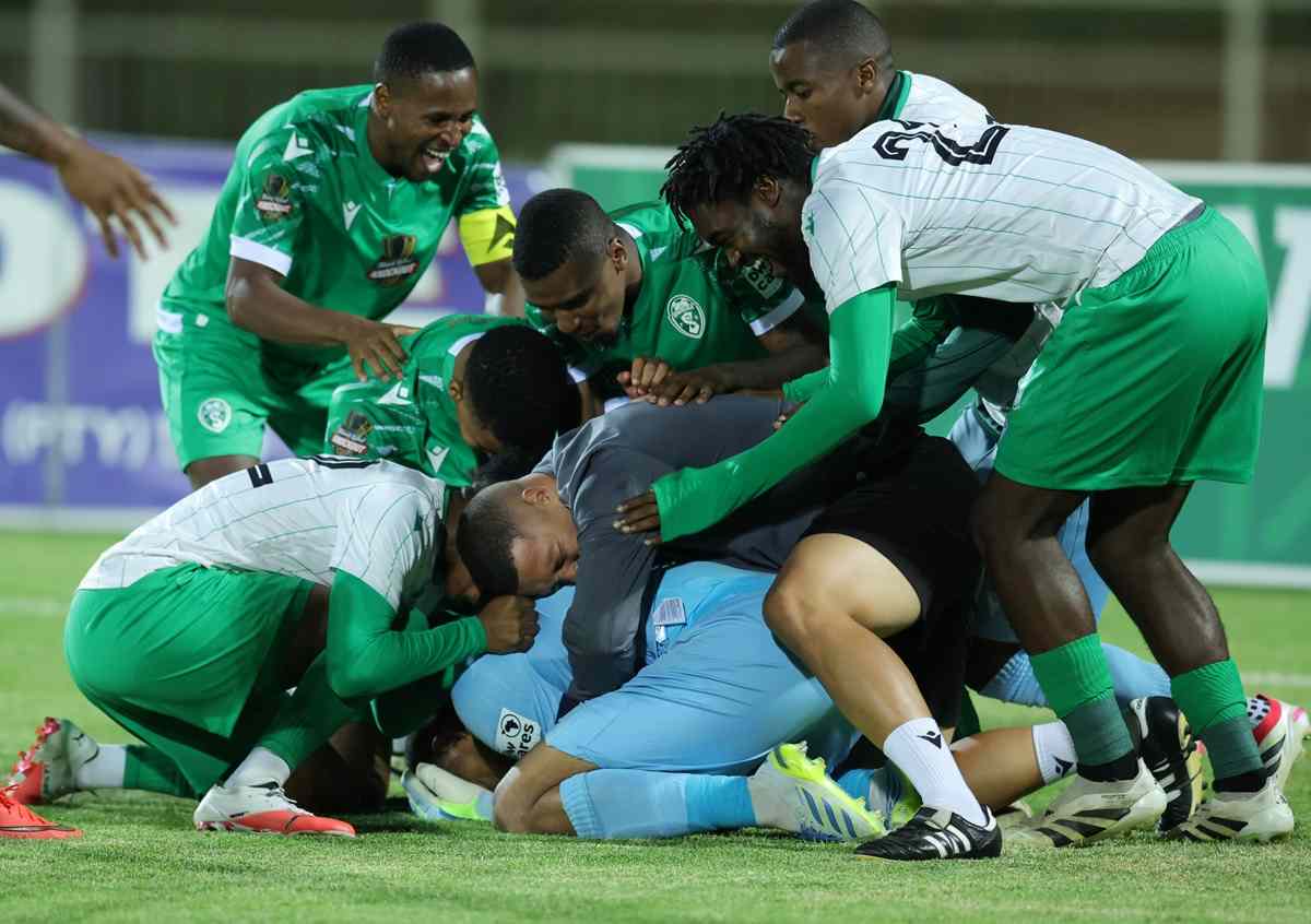 Jody February of Siwelele celebrates victory with teammates during the Carling Knockout Cup 2026/27 last 16 match between Polokwane City and Siwelele at Old Peter Mokaba Stadium in Polokwane on the 24 October 2026 © Samuel Shivambu/BackpagePix