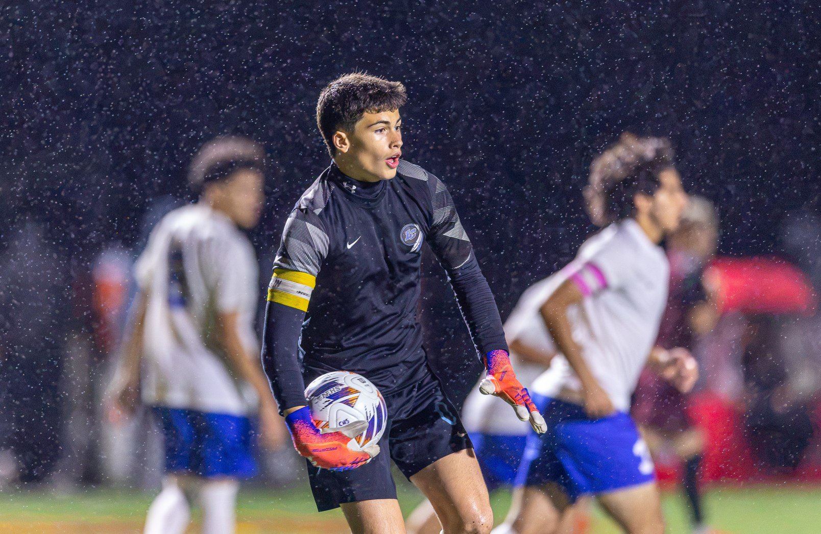 Lake Central goalkeeper Connor Billmeyer directs teammates during a Class 3A regional semifinal at Chesterton on Thursday, Oct. 15, 2026. (Mandy Coppinger / Post-Tribune)