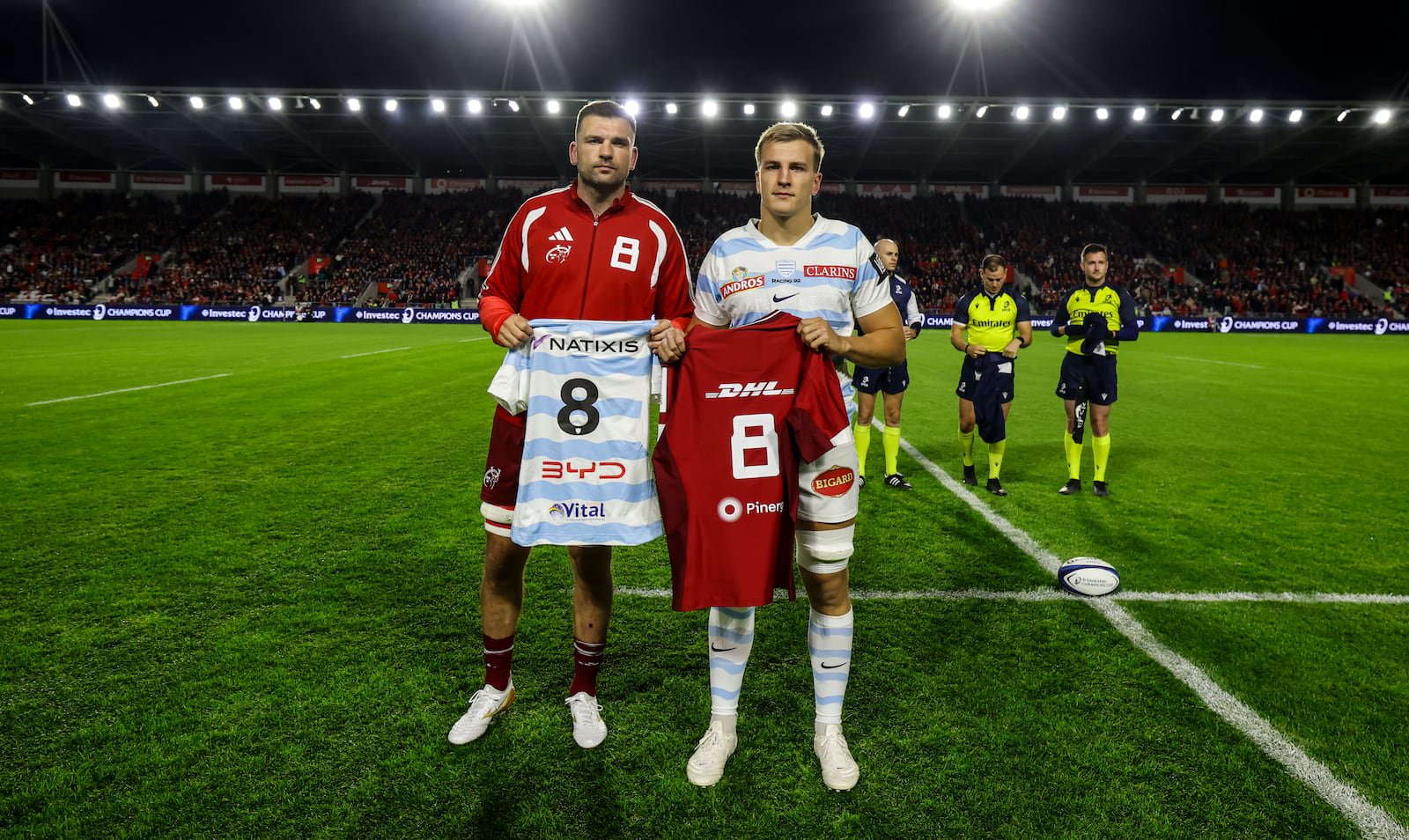 Opposing captains Tadhg Beirne and Maxime Baudonne exchange number eight jerseys in memory of Anthony Foley ahead of Champions Cup game at Páirc Uí Chaoimh. Photograph: Nick Elliott/Inpho